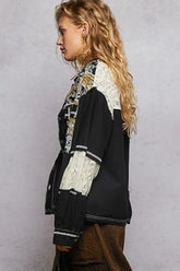 POL Printed Woven Mix Raw Hem Jacket with Lace Detail OutfitFlow